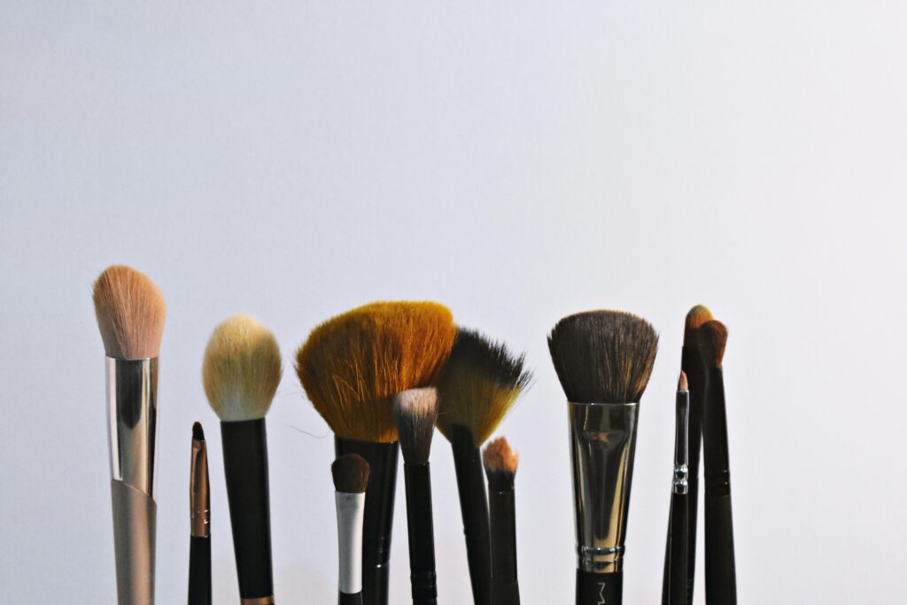 A close-up line-up of professional makeup brushes of various sizes and shapes against a bright white background.